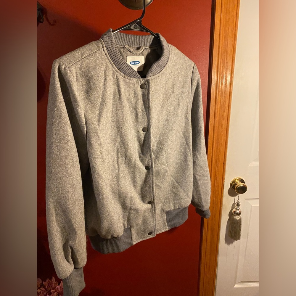 Old Navy letterman jacket. Size M in grey. Like new